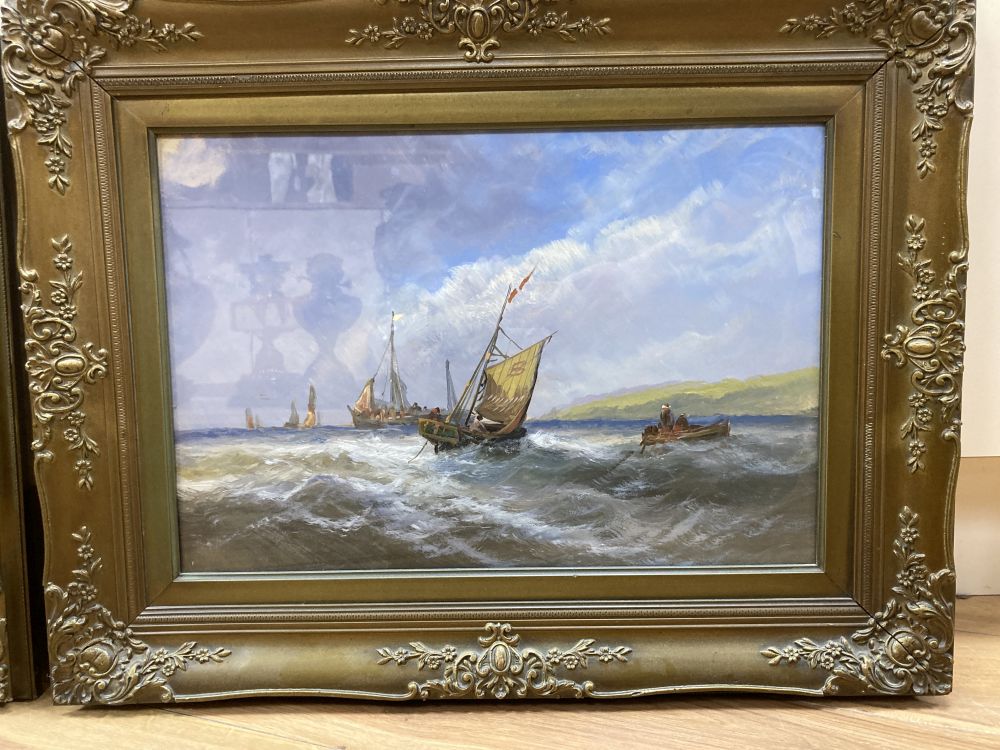 English School (19th century), fishing boats in choppy seas off the coast and companion piece, 32 x 47cm & 29.5 x 49.5cm